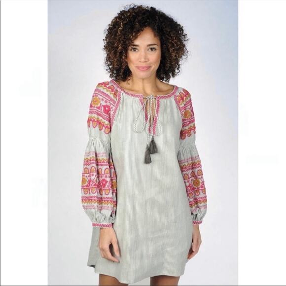 Ivy Jane Women's Boho Embroidered Balloon Sleeve Striped Tunic Dress Adele Small - Picture 1 of 15